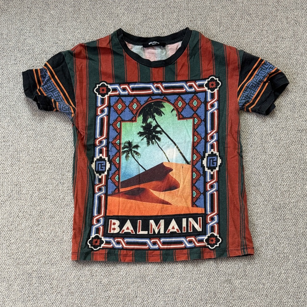 Balmain Kids Striped Graphic Tee in Red, Green & Orange